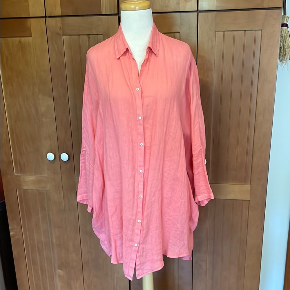 Peachy Pink Oversized Button Down Shirt with Dress Shirt Collar